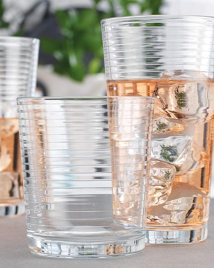 Drinking Glasses - Set of 8 Glass Cups, 4 Highball Glasses (17oz) 4 Rocks Glasses (13oz) Ribbed Glasses for Mixed Drinks, Water, Juice, beer, Wine, Excellent Gift!