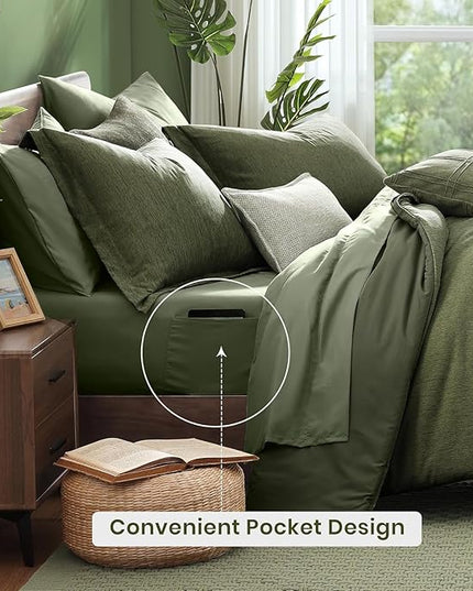 Monbix California King Comforter Set - 7 Pieces Cationic Dyeing Olive Green Bed in a Bag Cal King Bedding Sets with Comforter, Sheets, Pillowcases & Shams, Reversible Bedding Comforters Sets(108 * 92)