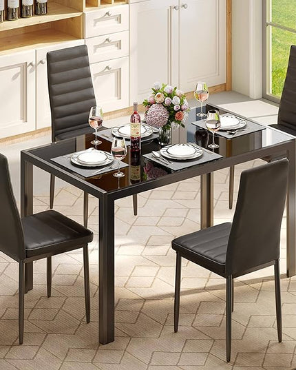 Gizoon 5 Piece Glass Dining Table Set, Kitchen and Chairs for 4, PU Leather Modern Room Sets for Home, Kitchen, Living Room