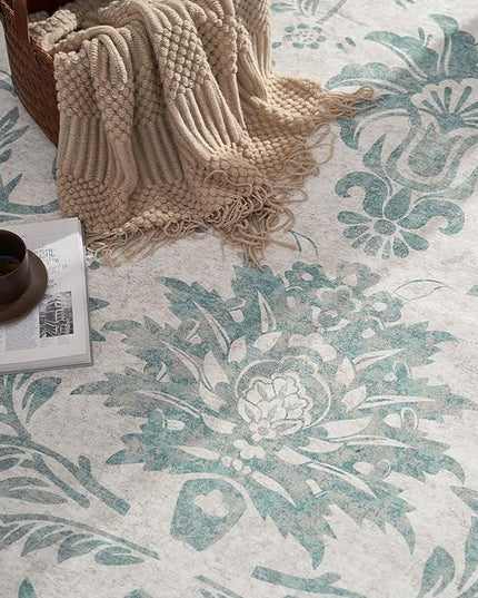 jinchan Torino Classic Floral Round Rug 6ft Vintage-Inspired Design 6’Circle Rug Machine Washable Ultra-Thin Low-Pile Non-Slip Indoor Carpet for Bedroom Dining Room Living Room Entryway