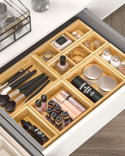 Bamboo Drawer Organizer, Set of 9 Wood Kitchen Junk Tea Desk Office Tray, Wooden Storage Boxes Organizers for Bathroom, Office (2" H 9 Boxes)