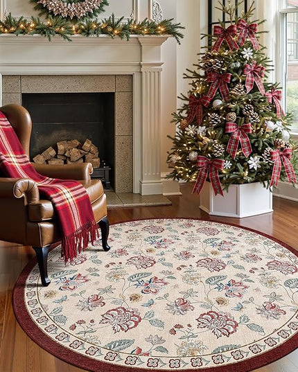 jinchan Elora 5ft Floral Round Rug for Entryway Washable Rug Vintage Romance Christmas Design Non Slip Indoor Doormat Lightweight Low-Profile Throw Carpet for Living Room Dining Room, Red/Beige