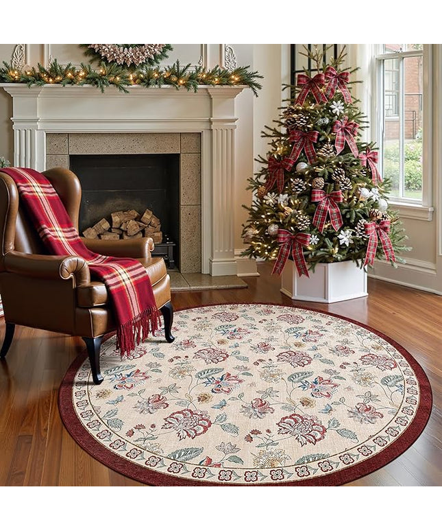 jinchan Elora 5ft Floral Round Rug for Entryway Washable Rug Vintage Romance Christmas Design Non Slip Indoor Doormat Lightweight Low-Profile Throw Carpet for Living Room Dining Room, Red/Beige