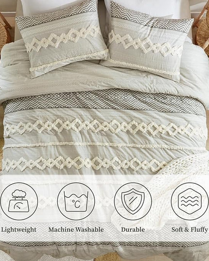 Hyde Lane Farmhouse Comforter Set Gray, Full/Queen Size Boho Bedding Sets, Cotton Top with Modern Neutral Style Clipped Jacquard Stripes, 3-Pieces Including Matching Pillow Shams (90x90 inches)