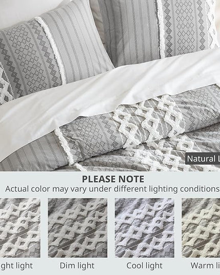 INK+IVY Comforter for Queen Size Bed, Chenille Tufted, Breathable Cotton Comforter Set Queen, All Season Modern Boho Comforter with Farmhouse Bedding Flare, 2 Matching Shams, Queen Gray 3 Piece