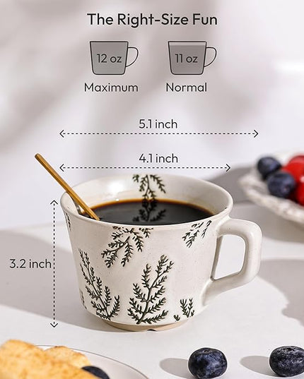 Ceramic Coffee Mug, 12 oz Novelty Unique Teacup with Handle, Stoneware Cup for Tea Mocha Latte Cappuccino Espresso (Set of 2, Ivy and Leaf)