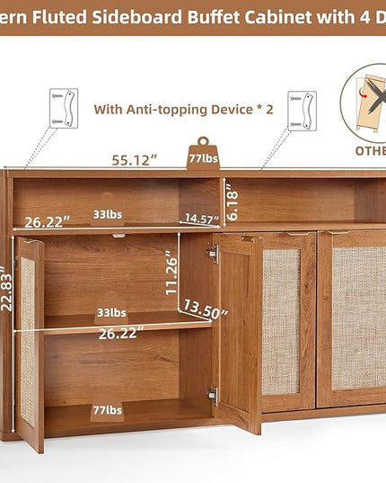 LEYAOYAO Rattan Sideboard Buffet Cabinet,55" Coffee Bar Cabinet with 4 Doors & Open Storage Shelf,Modern Credenza Console Table for Living Room Rattan Farmhouse entryway Brown