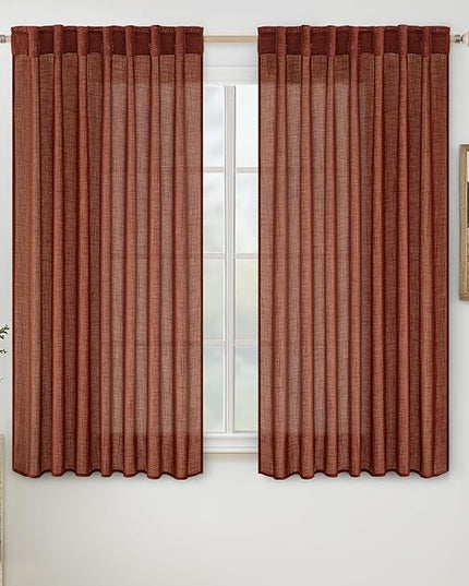 MIULEE Burnt Orange Short Linen Curtains 45 Inch Length 2 Panels for Kitchen Bedroom Bathroom, Soft Thick Linen Textured Basement Window Drapes Semi Sheer Light Filtering Back Tab Fall Decorations