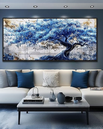 ERQINHUA Large Canvas Wall Decor For Living Room Wall Art For Bedroom Office Home Decor Blue Tree Wall Paintings Farmhouse Abstract Watercolour Pictures Artwork Ready To Hang 32x72 In Black Framed