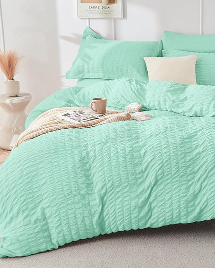 HYMOKEGE Mint Green Queen Comforter Set Seersucker 7 Pieces, All Season Luxury Bed in a Bag Queen for Bedroom, Bedding Set with Comforter, Sheets, Pillowcases & Shams