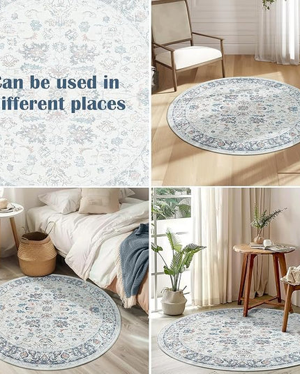 jinchan Round Rug 5ft Area Rug - Washable Boho Vintage Floral Circle 5' Round Floor Cover Lightweight Low Pile Thin Throw Non-Slip Carpet for Kitchen Living Room Bedroom Dining Room Office Grey Multi