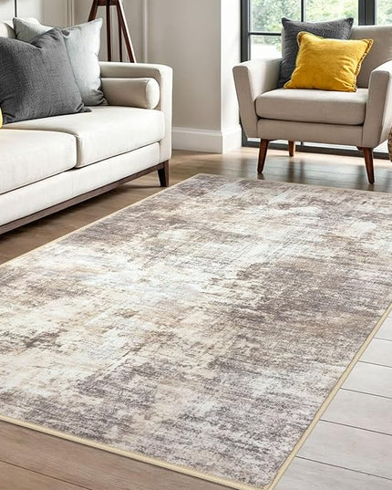 IOHOUZE Abstract Area Rug 4x6 Ft Washable Rugs for Entryway Indoor, Non Slip Small Living Room Rugs Printed Faux Wool Throw Rug, Floor Carpet for Kitchen Nursery Playroom, Beige Brown