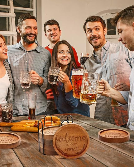Best House Warming Gifts Acacia Wooden Coasters for Drinks Coffee Table Coaster Set of 6 Pack Farmhouse Decorations Family New Home Housewarming Decor Cute Cup Wood Coasters with Holder