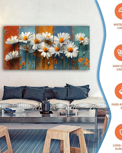 HUADAOART Daisy Flower Canvas Wall Art Rustic Wood Background Contemporary Living Room Decor 40 x 20 inches