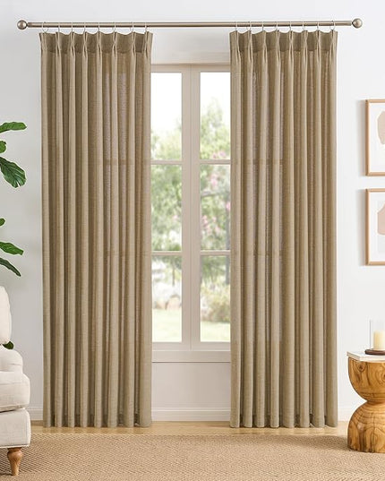 Dark Flax Pinch Pleated Linen Curtains 94 Inches Long Semi Sheer Memory Trained Ripple Fold Curtain with Hooks Back Tab Textured Light Filtering Drapes for Bedroom Living Room 50x94 Set of 2
