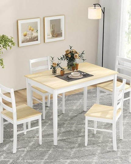 Tangkula Dining Table Set for 4, Solid Wood, Farmhouse Dinette Set w/Rubber Wood Legs, Compact Dining Table and Chairs Set for Kitchen, Dining Room (Natural+White)