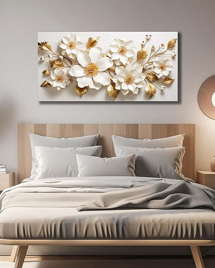 JuhaiArt Gold Wall Decor White 3D Floral Wall Art Elegant Flower Canvas Decor for Bedroom Living Room Office Picture Artwork 24" x 48"