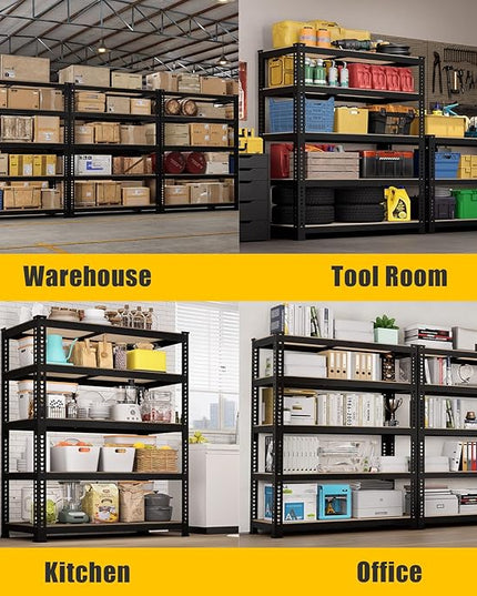 71" H x 35.5" W x 16" D 5-Tier Metal Storage Shelves: Heavy Duty Garage Shelving Adjustable Shelves for Storage - Black Utility Rack Shelf for Pantry, Warehouse, Office, Kitchen, 2PCS