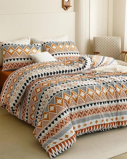 Luxlovery Boho Aztec Comforter Set Queen Orange Geometric Bedding Comforter Set Beige Black Colorful Farmhouse Blanket Quilts Soft Rustic 3PCS Comforter Set Queen Size
