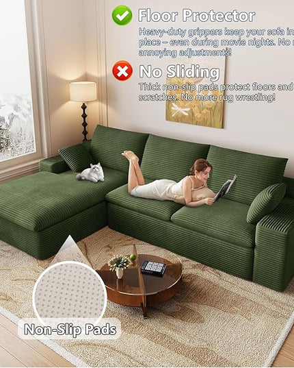 107" Cloud Couch Modular Sectional Sofa for Living Room, L-Shape Boneless Couch with Deep Seat, Modern Corduroy 3-Seater, No Assembly Required (Green,Left-Facing Chaise)