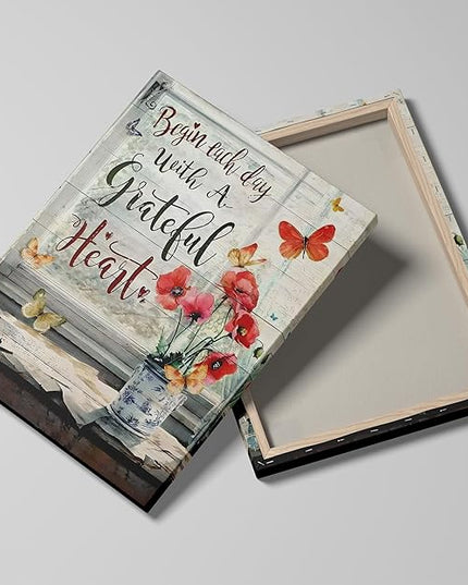 Red Flower Canvas Wall Art Retro Farmhouse Butterfly Poppy Painting Picture Wall Decor Modern Blossom Begin Each Day With a Grateful Heart Poster Print Artwork for Bathroom Bedroom Home Decoration