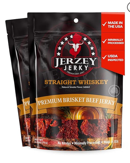 Jerzey Jerky Straight Whiskey Brisket Jerky 2.5oz (2 Pack) – High Protein, Gluten Free and Healthy Beef Snacks with Rich, Authentic Flavor