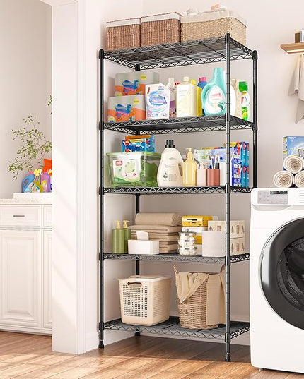 REIBII 5 Tier Storage Shelves Adjustable Wire Rack Shelving, Kitchen Shelves 13.4" D x 23.2" W x 60" H Strong Metal Shelves for Restaurant Garage Pantry，Black