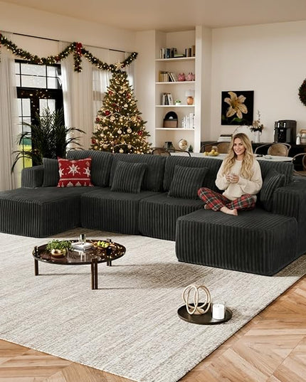 132" U Shaped Boneless Couch, Cloud Sectional Modular Sofa with Double Chaise Lounge, Corduroy Cloud Couch with Pillows & Deep Seat, Boneless Sofa for Living Room, Grey