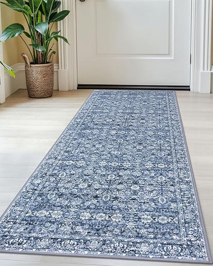 2x5 Washable Small Area Rug for Entryway, Blue Soft Non-Slip Indoor Door Mat Distressed Floral Low-Pile Rus Neutral Vintage Carpet for Entrance Kitchen Bedside Farmhouse