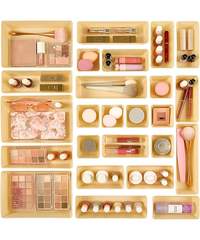 Vtopmart 25 PCS Plastic Drawer Organizers Set, 4-Size Versatile Bathroom and Vanity Drawer Organizer Trays, Storage Bins for Makeup, Bedroom, Kitchen Gadgets Utensils and Office