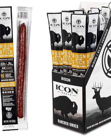 ICON Meats Bison and Pork Snack Sticks, Honey BBQ, 24 Pack of High Protein Snacks, Low Sugar, Natural Jerky Meat Sticks, Gluten Free, USDA Inspected, Made in the USA, Gifts or Stocking Stuffers