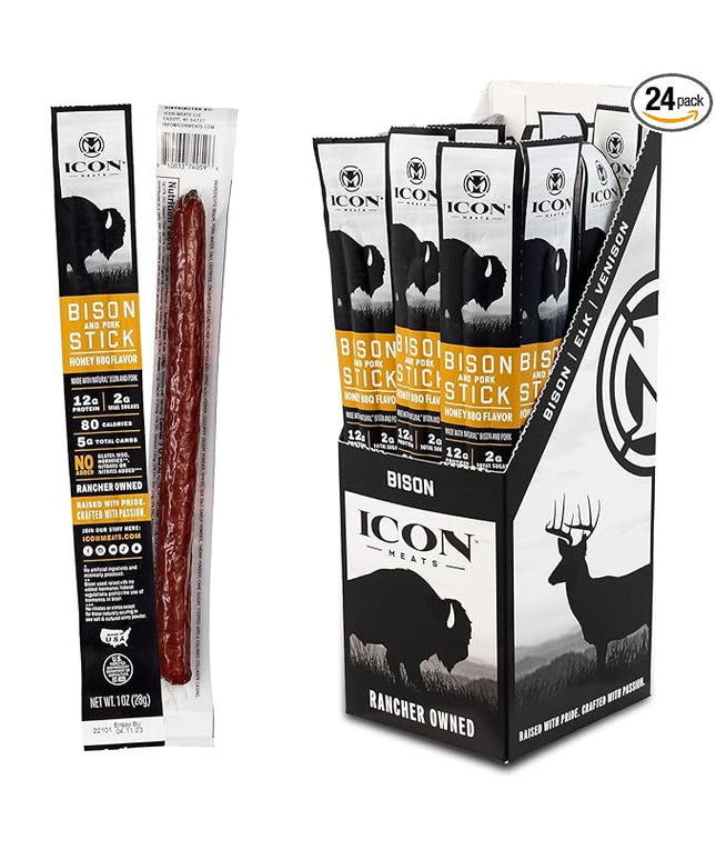 ICON Meats Bison and Pork Snack Sticks, Honey BBQ, 24 Pack of High Protein Snacks, Low Sugar, Natural Jerky Meat Sticks, Gluten Free, USDA Inspected, Made in the USA, Gifts or Stocking Stuffers