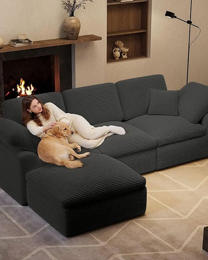 Cloud Sectional Couches for Living Room, L Shaped Modular Sectional Sofa with Ottoman, Convertible Corduroy Couch for Apartment, 4 Seater Boneless Comfy Cloud Sofa, No-Assembly, Grey