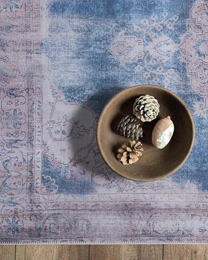 GLN Rugs Traditional Collection - Machine Washable Area Rug, Traditional Washable, Non Slip, Low Pile Chenille Rug, Living Room, Bedroom, Kitchen Rug (6'-6" x9'-6" Cream/Navy)