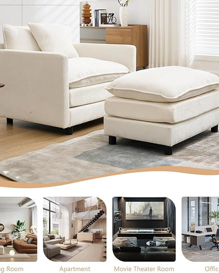 SZLIZCCC 56.3''D Oversized Chaise Lounge Chair Indoor, Comfy Chenille Upholstered Sofa Chair with Ottoman, Deep Seat Single Sofa Couch with 1 Pillow for Living Room (Beige, 56.3"- Single Seat)