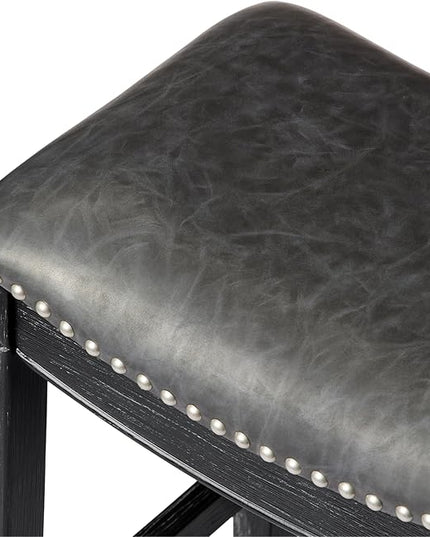 Maven Lane Adrien Backless Bar Stool – Set of 4 – 31 Inch Saddle Seat with Footrest – Black Solid Wood Frame & Grey Faux Leather Upholstery – Ideal for Bars, Pub Tables & Tall Kitchen Counters