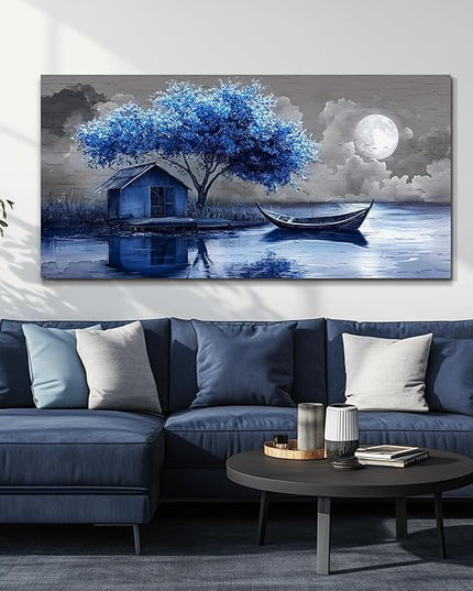 XIGUANGART Tree of Life Large Wall Art for Living Room Blue Boat and House Picture Paintings Abstract Art Prints Modern Nature Scenery Artwork Wall Decor for Bedroom Bathroom Office Home Decoration