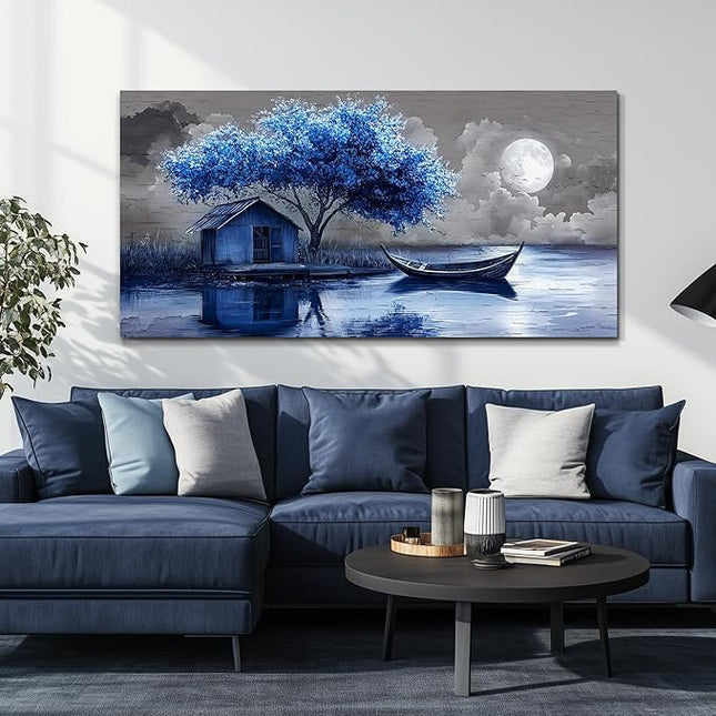 XIGUANGART Tree of Life Large Wall Art for Living Room Blue Boat and House Picture Paintings Abstract Art Prints Modern Nature Scenery Artwork Wall Decor for Bedroom Bathroom Office Home Decoration