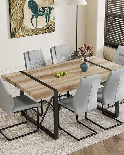 Dining Table Set for 6，Dinner Table Set for 6，71'' Kitchen Table and PU Leather Chairs Set of 6，6 Chair Dining Table Set for Kitchen Dining Room