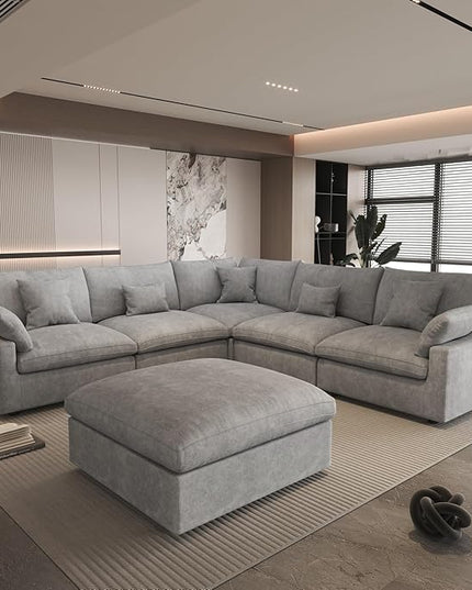 Could Couch Modular Sectional Sofa with Ottoman,Down Filled 120inch V Shaped Couch,Convertible Sofa Bed Living Room Set,6 Seat Sleeper Couched Bed, Cover Washable and Replaceable,Gray