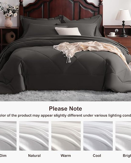 NTBAY Queen Comforter Set with Sheets, 7 Pieces Soft and Breathable Queen Bedding Set, Bed in a Bag, Down Alternative Comforter Set Solid Color All Season, Queen Bedding Set, Dark Grey