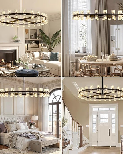 48'' Modern Large Chandelier, 48-Light Elegant Crystal Chandeliers for Dining Room, Black Farmhouse Round Wagon Wheel Pendant Lighting Fixture with Glass Shade for Living Room High Ceilings Entryway