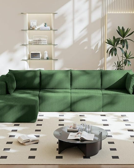 138" Boneless Couches for Living Room, Modular Cloud Couch Sofa - 4 Pieces L Shap Corduroy Sectional Sofa, Fluffy Memory Foam Sleeper Sofa Furniture, No Assembly, Wide Armrest, Green