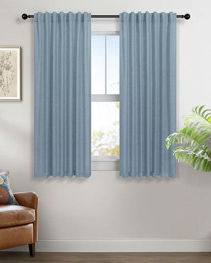 Country Blue Curtains 54 Inch Length for Bathroom 2 Panels Pocket Tab Loops Light Reducing Semi Privacy Energy Efficient Linen Sheer Vintage Blue Curtains for Boys Bedroom Chambray Blue Dusty