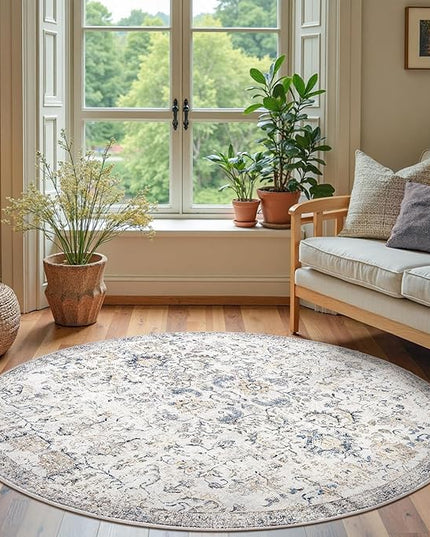 jinchan Kalen Round Rug 6ft Area Rug Washable Vintage Indoor Retro Accent Floor Cover Distressed Floral 6' Round Circle Boho Non Slip Thin Carpet for Living Room Dining Room Bedroom Kitchen Blue