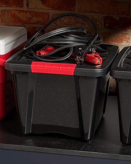 IRIS USA 19 QT Plastic Storage Box with Lid and Latches - 6 Pack - BPA-Free, Garage Organizing Solution, Durable Nestable Stackable Containers, Secure Pull Handle - Black