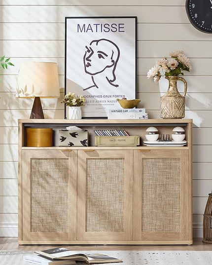 LEYAOYAO Rattan Sideboard Buffet Cabinet,45" Coffee Bar Cabinet with 3 Doors & Open Storage Shelf,Modern Credenza Console Table for Living Room Rattan Farmhouse entryway Natural
