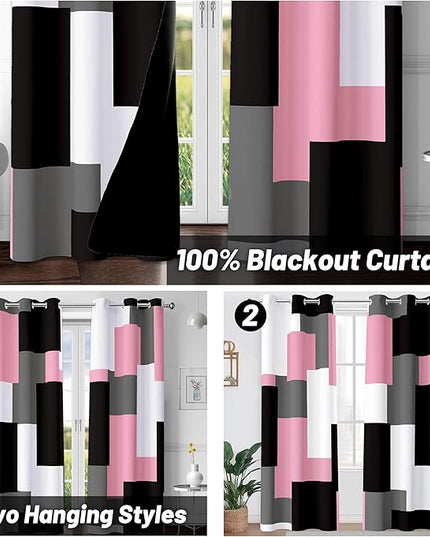 Pink 100% Blackout Curtains for Bedroom 72 inch Length 2 Panels Set Grey Modern Abstract Geometric Black Out Curtains Thermal Insulated Room Darkening Window Drapes for Living Room, 42Wx72L
