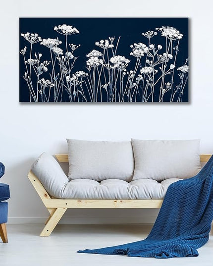 HUADAOART Canvas Wall Art Navy Blue and White Dandelion Wildflower 24" x 48" Artwork Modern Home Decor for Living Room Bedroom Office Decor Ready To Hang