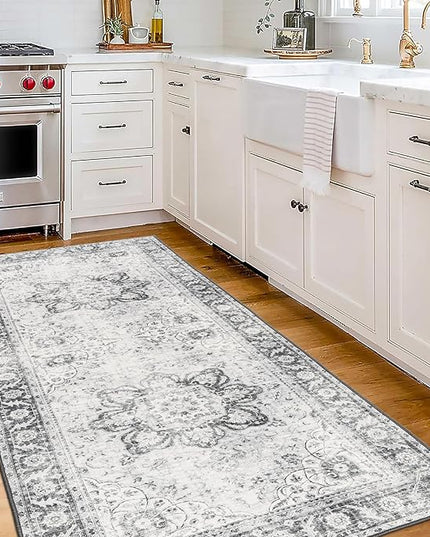 ReaLife Rugs Machine Washable Area Rug Runner - Living Room Bedroom Bathroom Kitchen Entryway Office - Padded Low Pile Stain Resistant Premium - Boho Farmhouse Vintage - Joy - Gray 2'6" x 6'